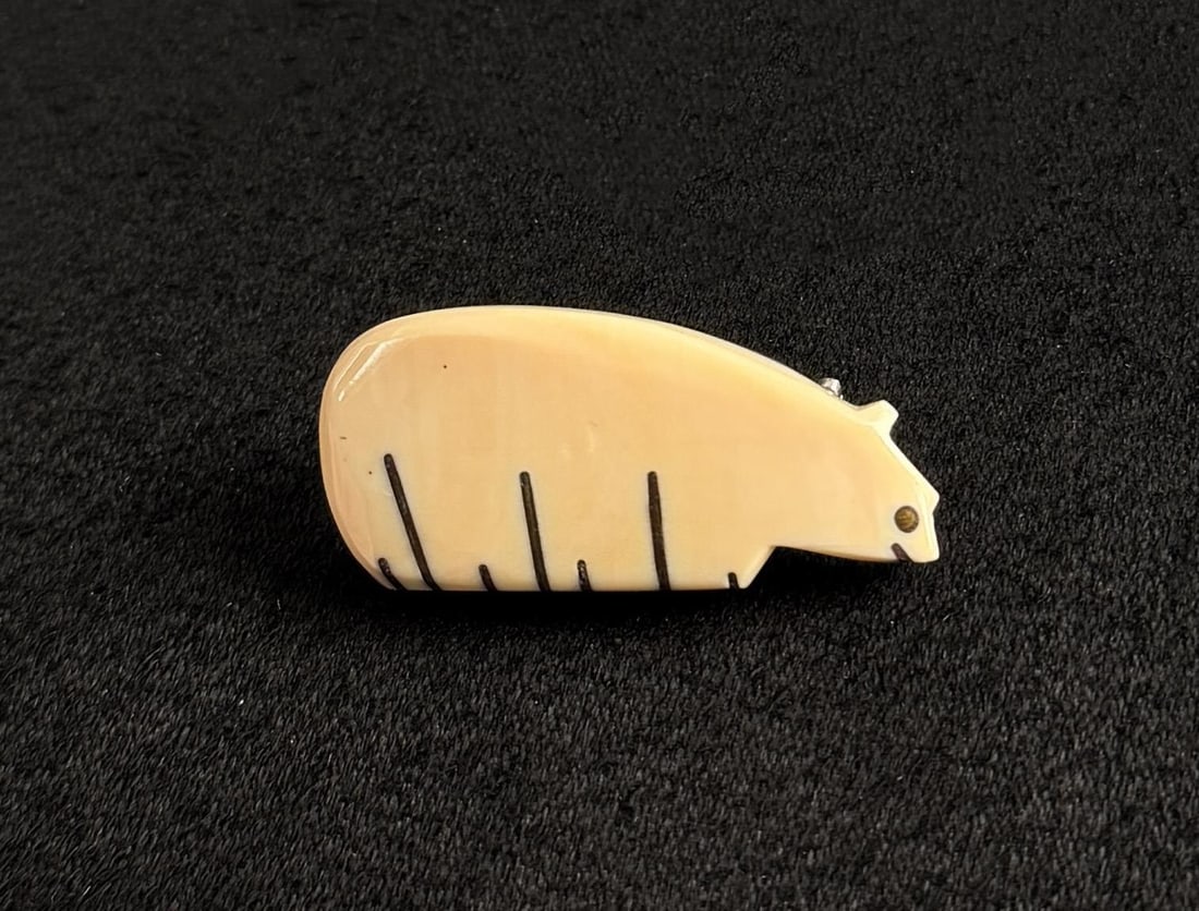 Alaskan Inuit Eskimo Walrus Ivory Bear Brooch: 8.5 grams. 1 1/2" long. Native made prior to 1972. This item cannot be shipped Internationally, or any other state that prohibits.