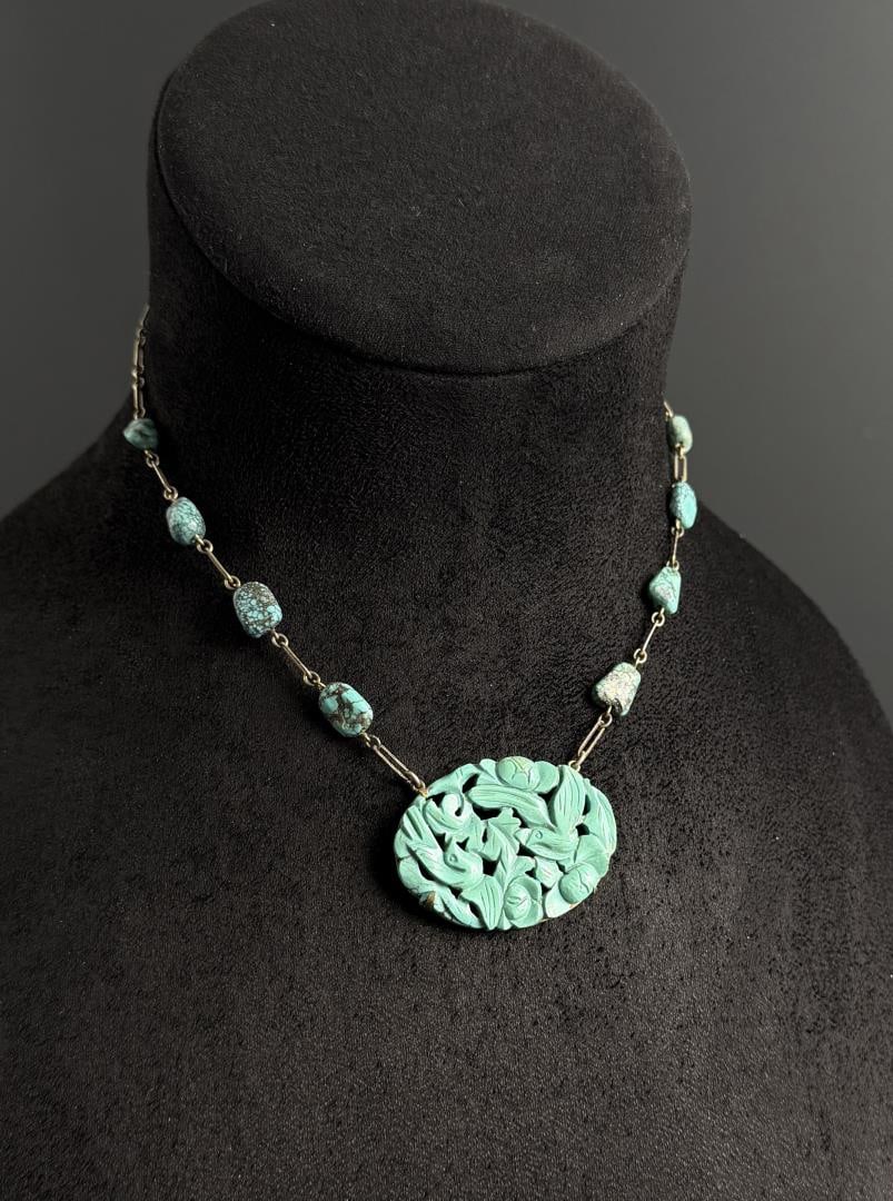 Antique Chinese Sterling Silver Turquoise Necklace: 16 grams. 8 1/2" long as displayed. 14k gold clasp. Chain is sterling silver.