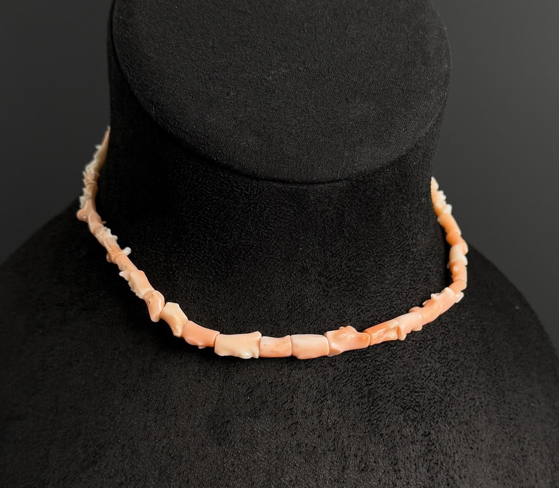 Chinese Pink Angel Skin Branch Coral Necklace: 6 1/2" long as displayed.
