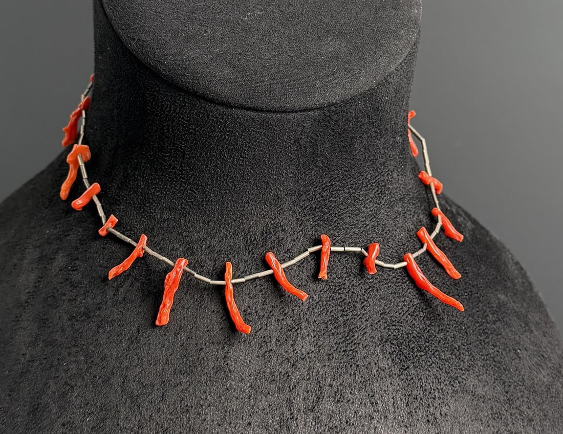 Navajo Sterling Silver Branch Coral Necklace: 6.9 grams. 7 1/4" long as displayed.