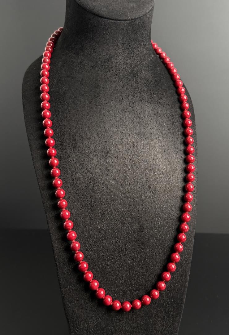 Chinese Dyed Red Jade Ball Necklace: 17" long as displayed.