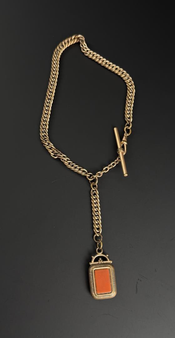 Gold Filled Pocket Watch Fob Chain: Nice example. 10" long as displayed. 46.77 grams total weight.