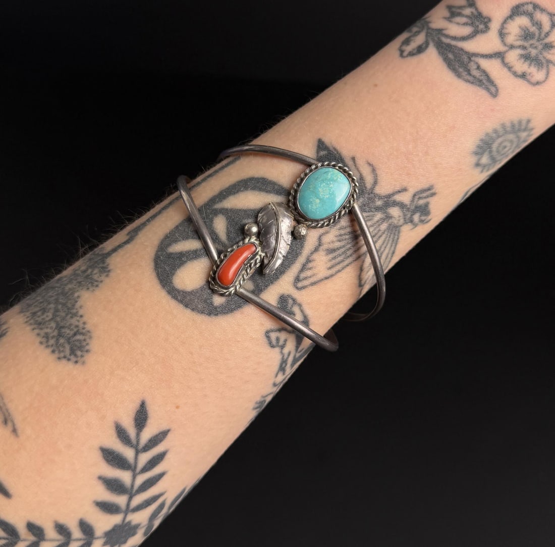 Navajo Sterling Silver Turquoise Coral Bracelet: 13.4 grams. 5 1/2" inner circumference.