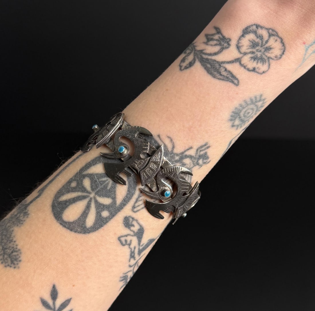 Peru Sterling Silver Turquoise Bird Bracelet: 47 grams. 6" inner circumference.