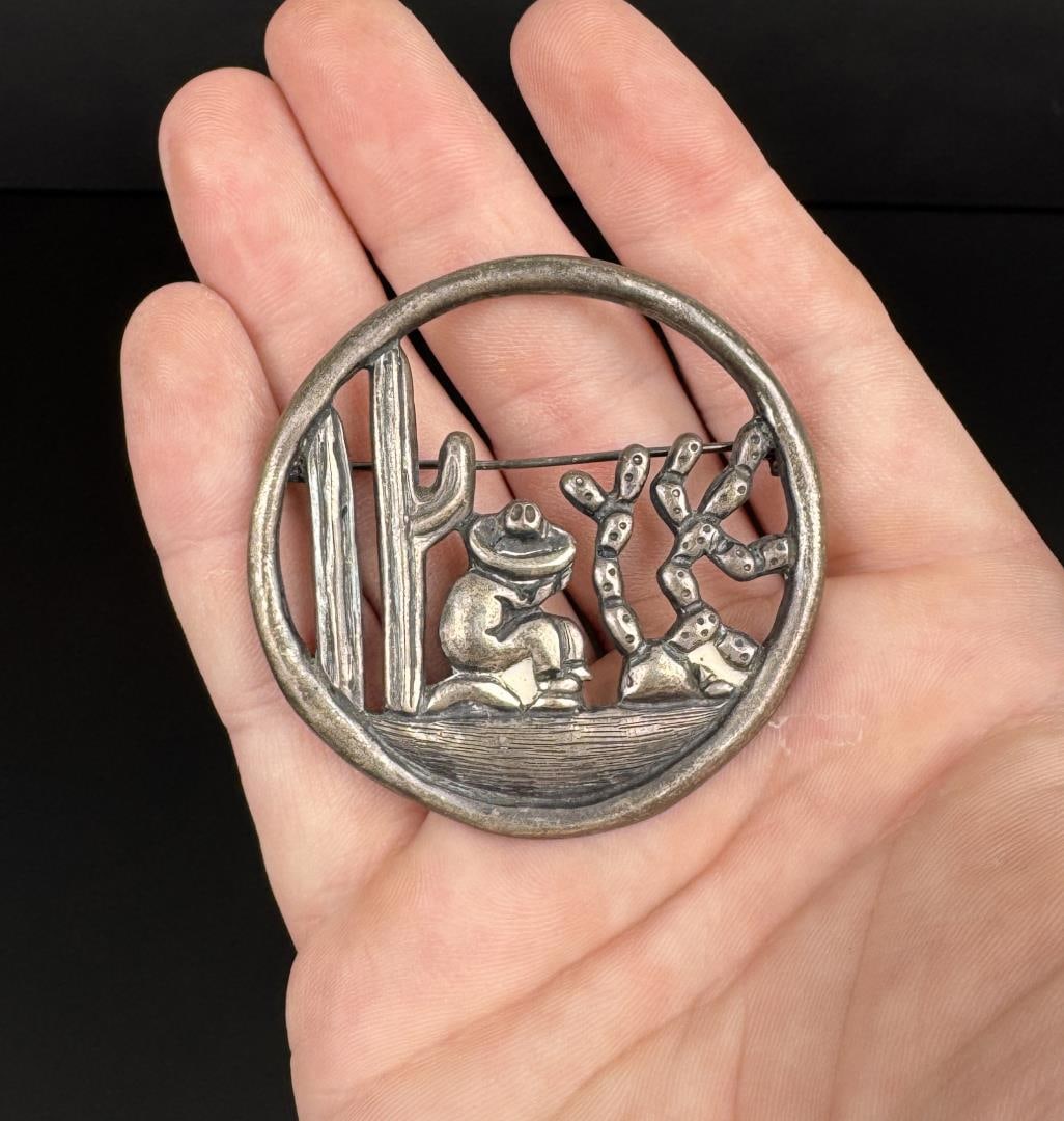 Taxco Sterling Silver Mexican Desert Brooch: 2" diameter. 17.06 grams