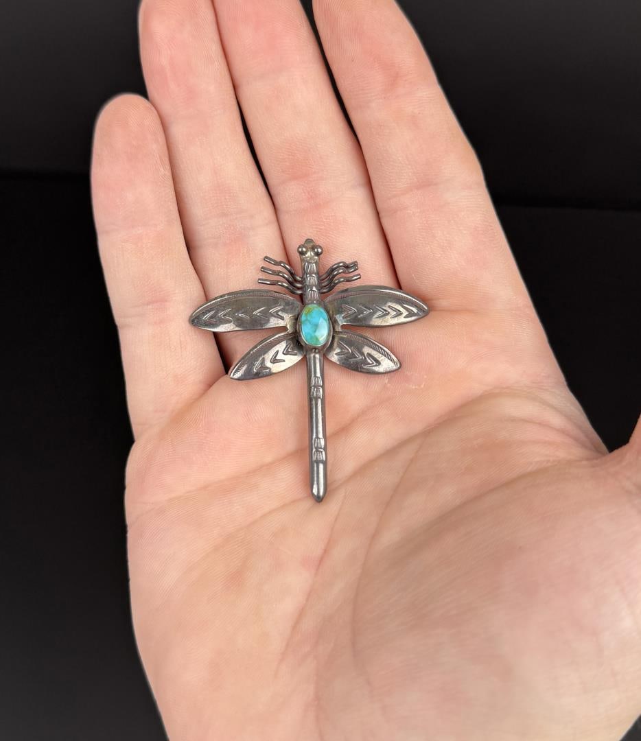Navajo Sterling Silver Turquoise Dragonfly Brooch: 1 5/8" by 1 1/2". 7.07 grams