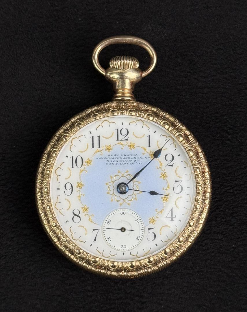Hamilton for Anna Silveira California Pocket Watch: Hamilton Model 1, 924 grade. 17 jewels, size 18s. This piece is in working condition. Anna L. Silveira owned Silveira's Jewelry Place in San Francisco California, She had this private label watch
