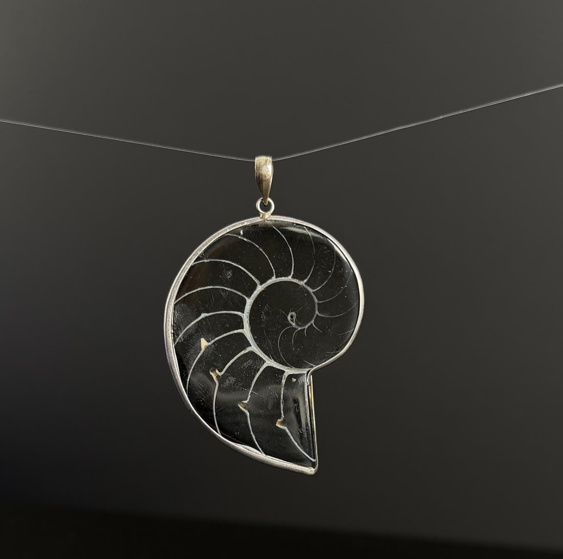 Sterling Silver Fossil Ammonite Pendant: 22 grams. 2" long