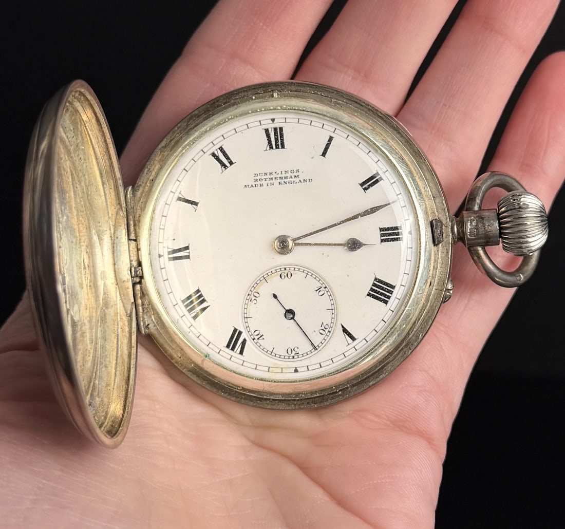 Rotherham England Coin Silver Pocket Watch: 113.2 grams. Working.