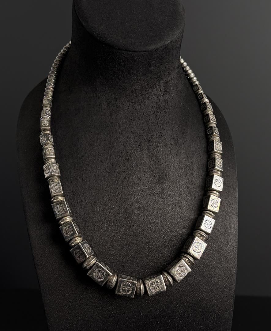 Sterling Silver Bench Bead Cube Necklace: 138 grams. 13 3/4" long as displayed.