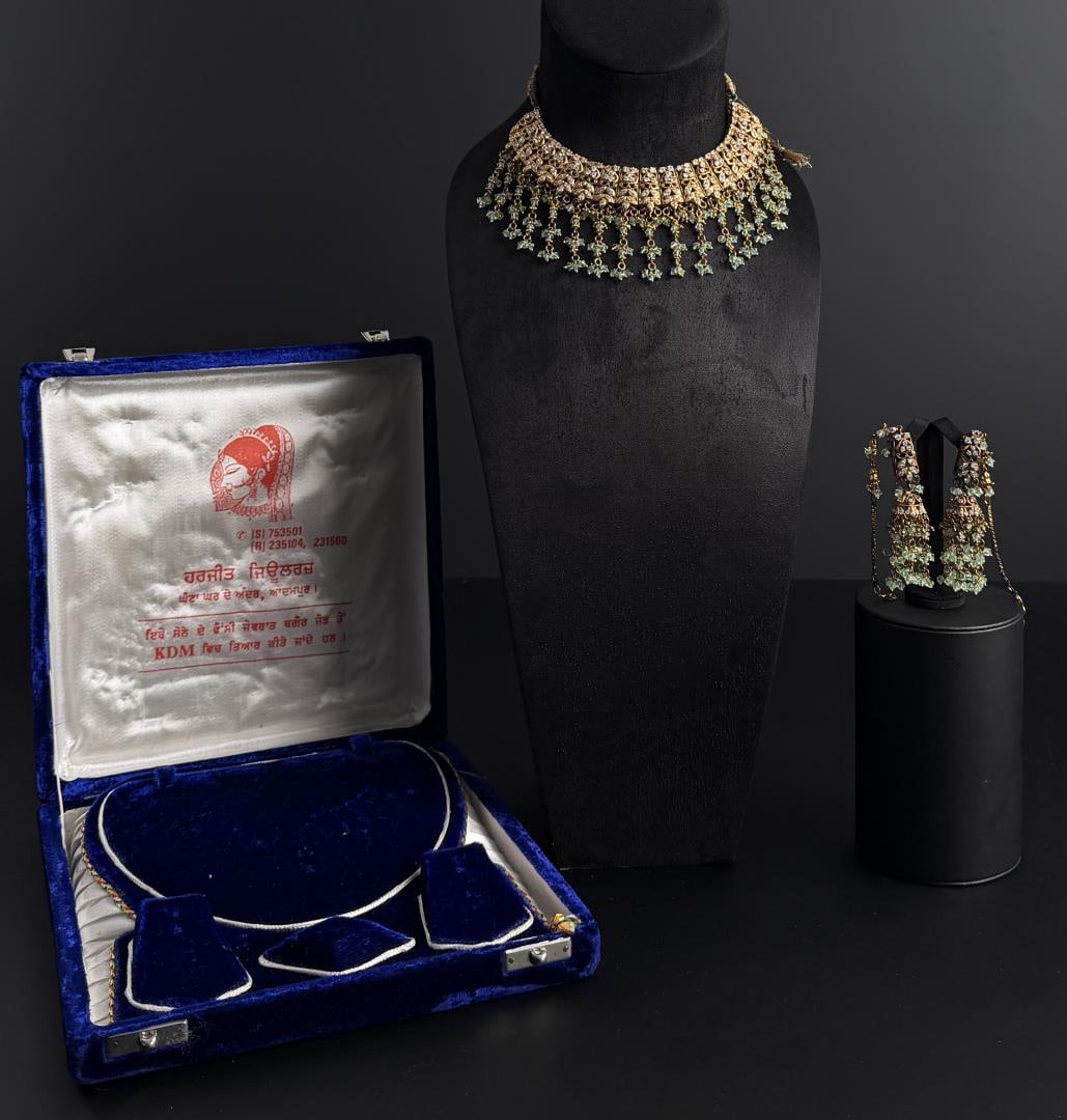 Kundan Indian Bridle Jewelry Suite: Harjeet Jewellers. Necklace is 8 1/2" long as displayed.