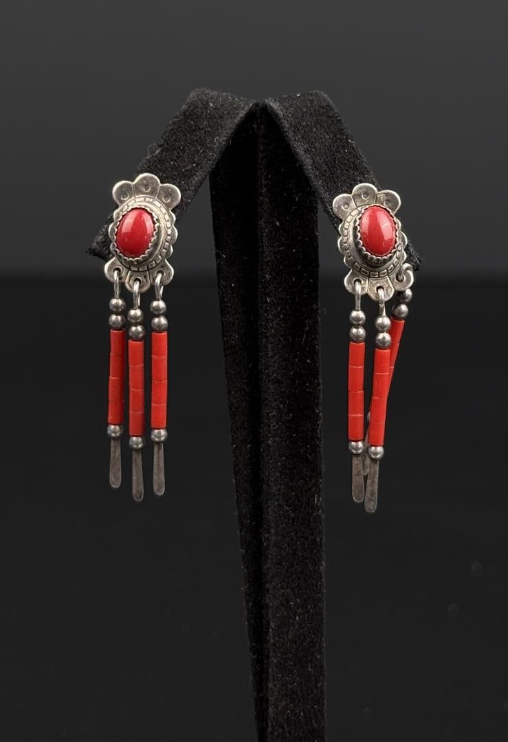 Navajo Sterling Silver Coral Earrings (1 of 4)