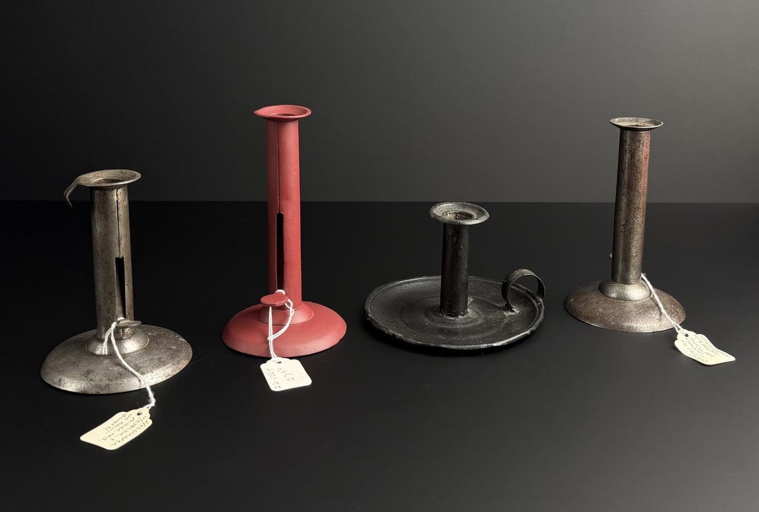19th Century Hog Scraper Candlesticks: Largest is 6 1/2" tall. Left is a tin push up candlestick, red one has been repainted in a modern red, center black one has a drip pan.
