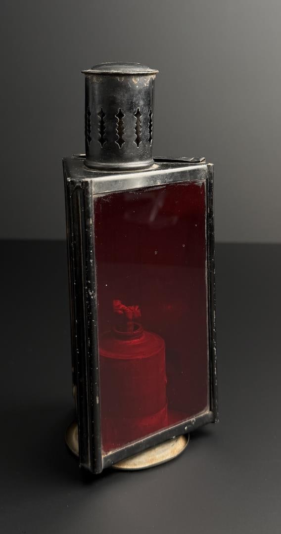 Red Lens Whale Oil Police Nautical Signal Lamp: 7 3/8" by 3 3/8" by 3 1/8".