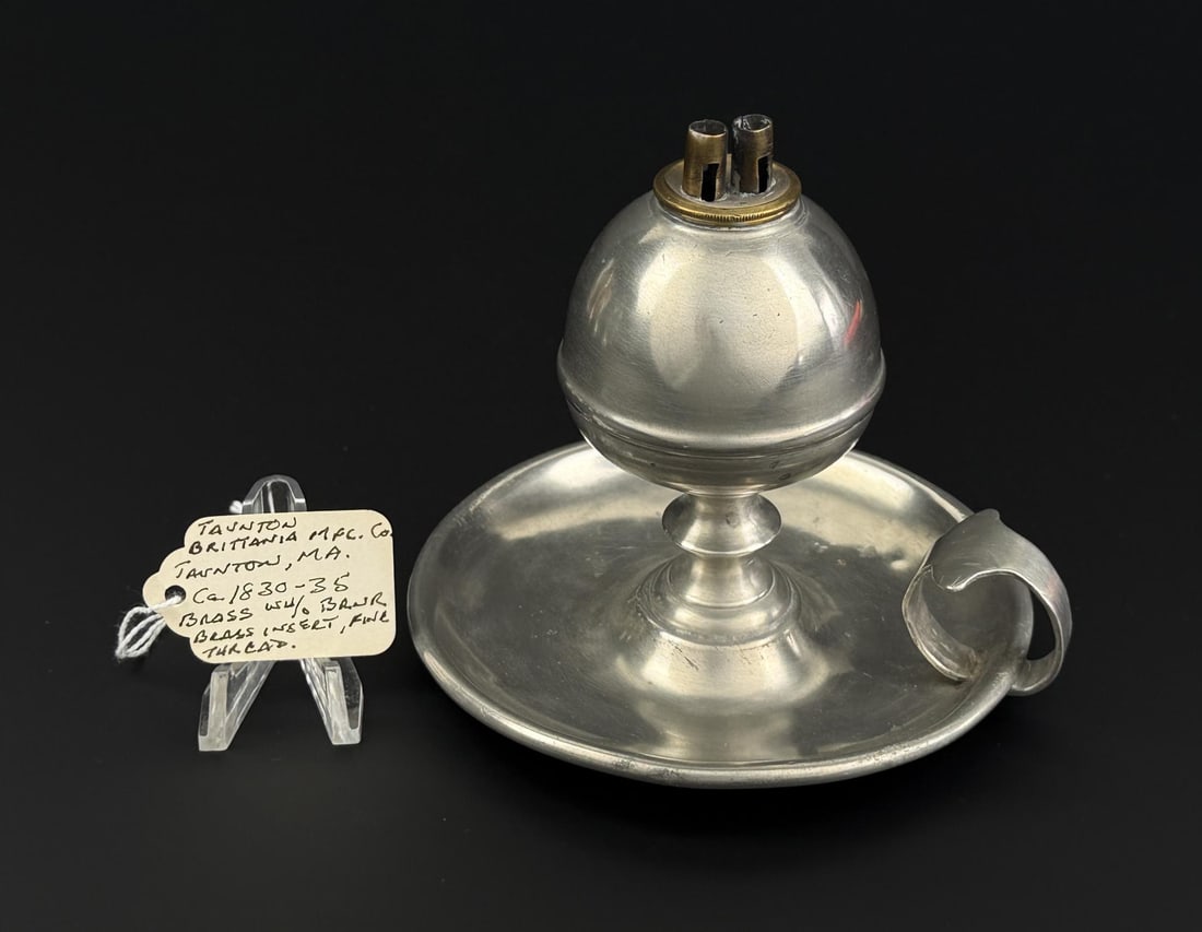 Taunton Britannia Co Pewter Whale Oil Finger Lamp: 4 1/2" by 4 1/2" by 4 1/4". 1830-1835. Saucer base chamber lamp with a double tube burner.