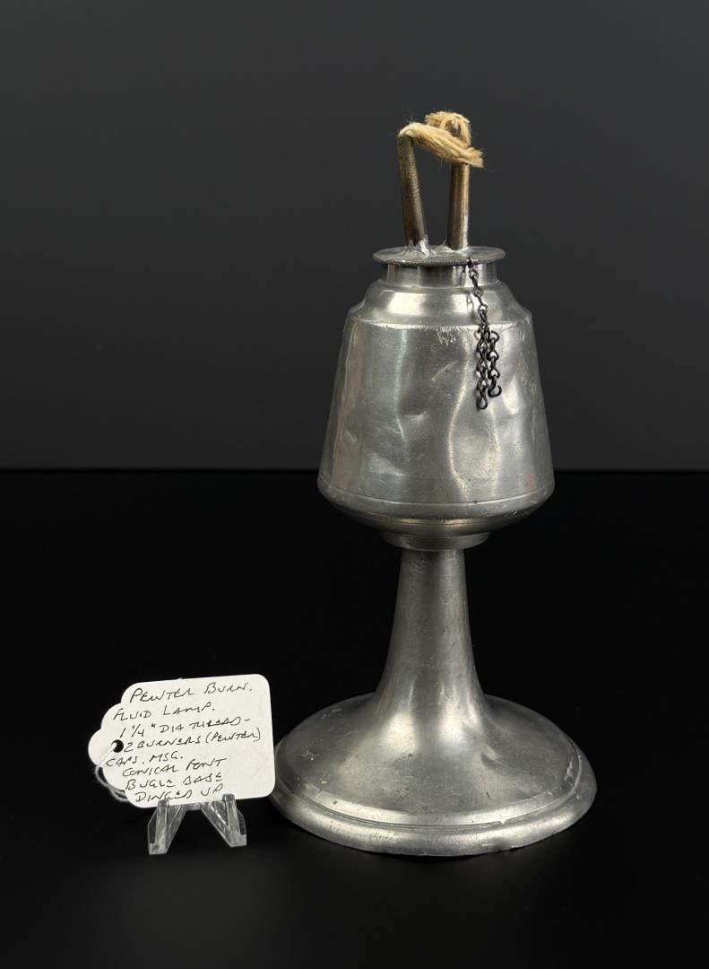 Pewter Whale Oil Lamp: Mid 19th Century. 8 1/4" tall including wicks. Small Dents throughout as shown.