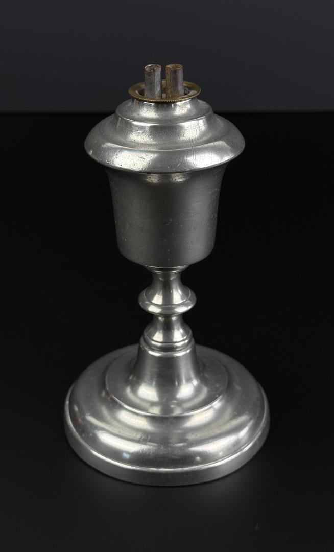 Roswell Gleason Pewter Whale Oil Lamp: Mid 19th Century. 6 3/4" Tall.