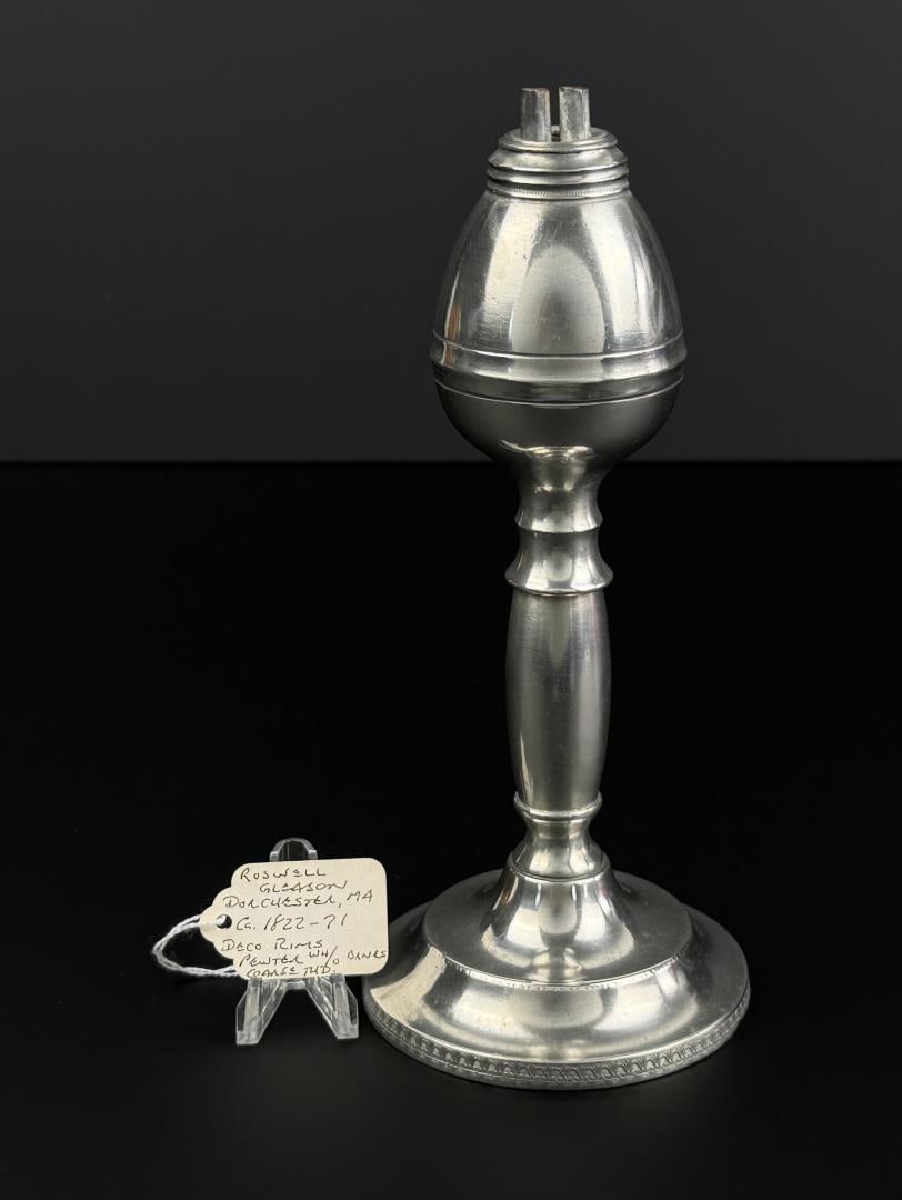Roswell Gleason Pewter Whale Oil Lamp: Mid 19th Century. 8 1/2" Tall.
