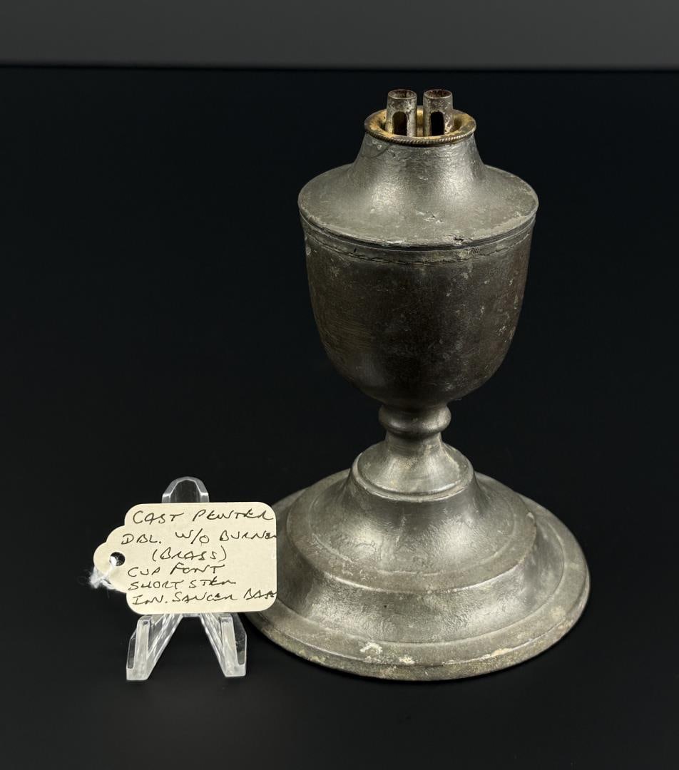 18th Century Cast Pewter Whale Oil Lamp: 3 3/4" diameter by 5" tall.
