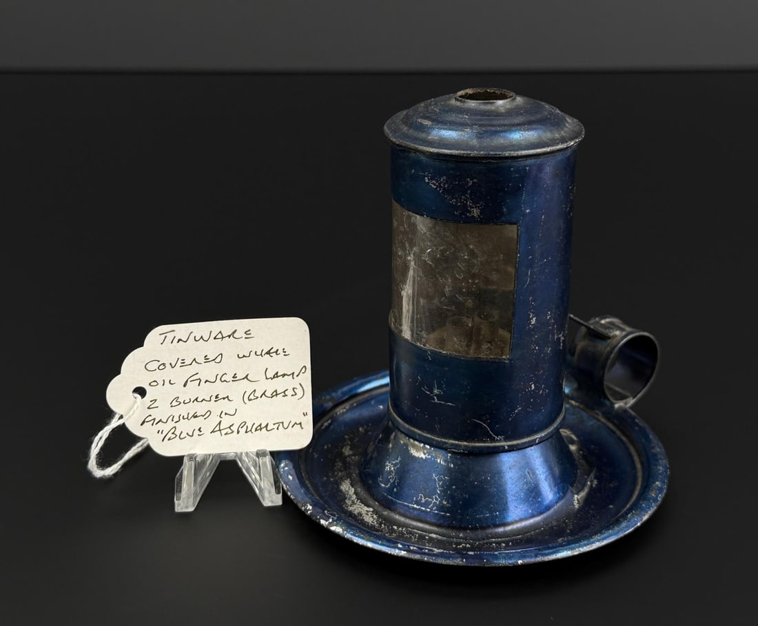 Blue Tin Whale Oil Finger 2 Burner Lamp: 4 1/8" Tall. Blue Asphaltum Finish.