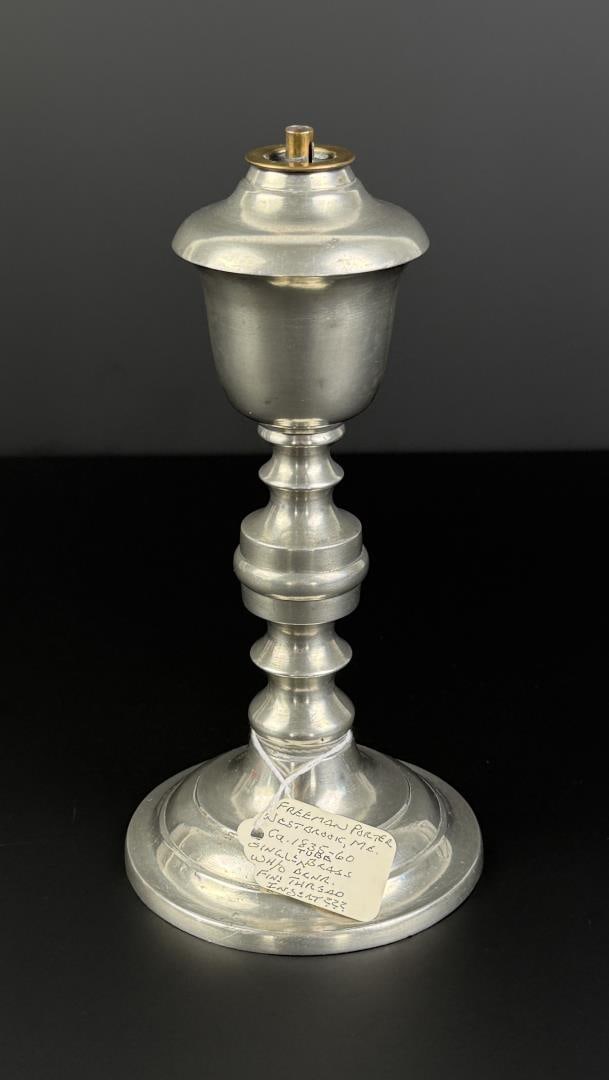 F Porter Pewter Number 1 Whale Oil Lamp: Westbrook, Maine. 4 1/4 by 8 3/8" tall.