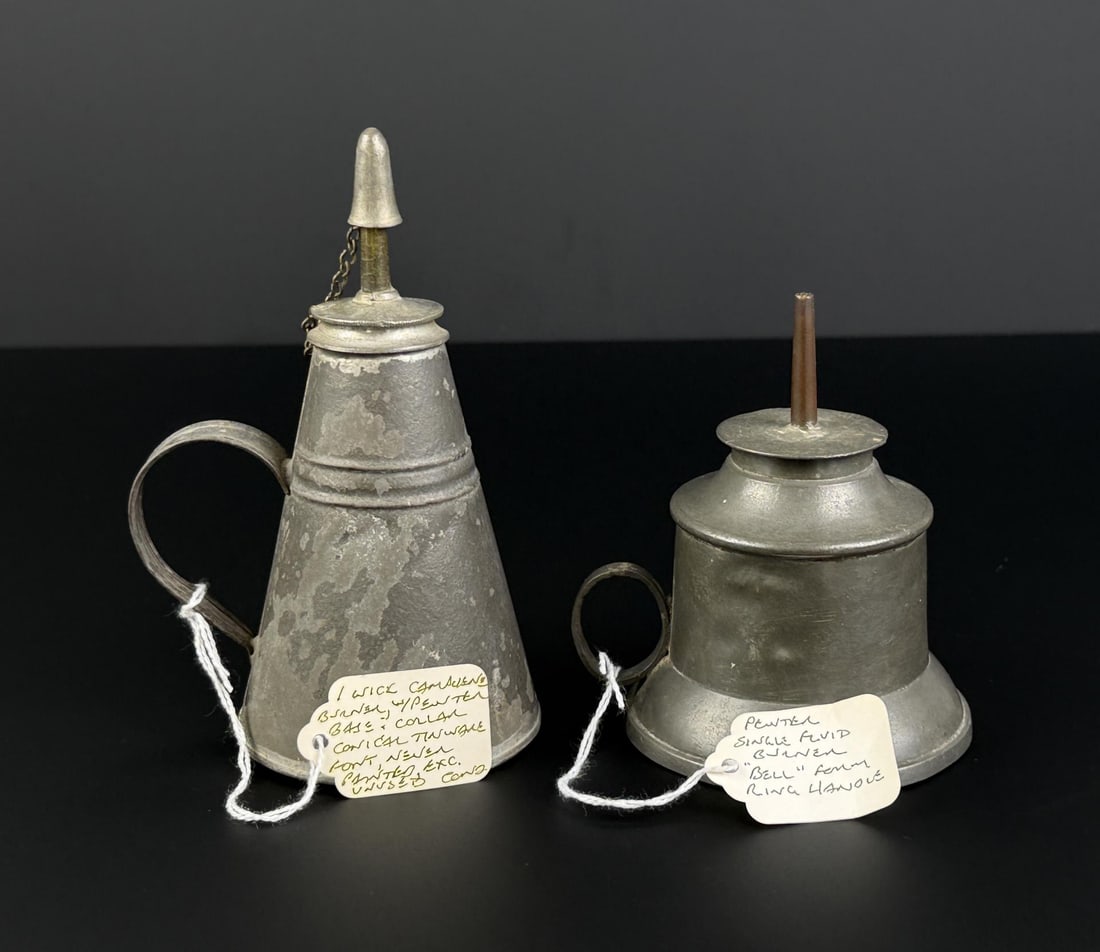Whale Oil Pewter and Tin Finger Lamps: Largest is 3 1/2" by 5 5/8" tall.