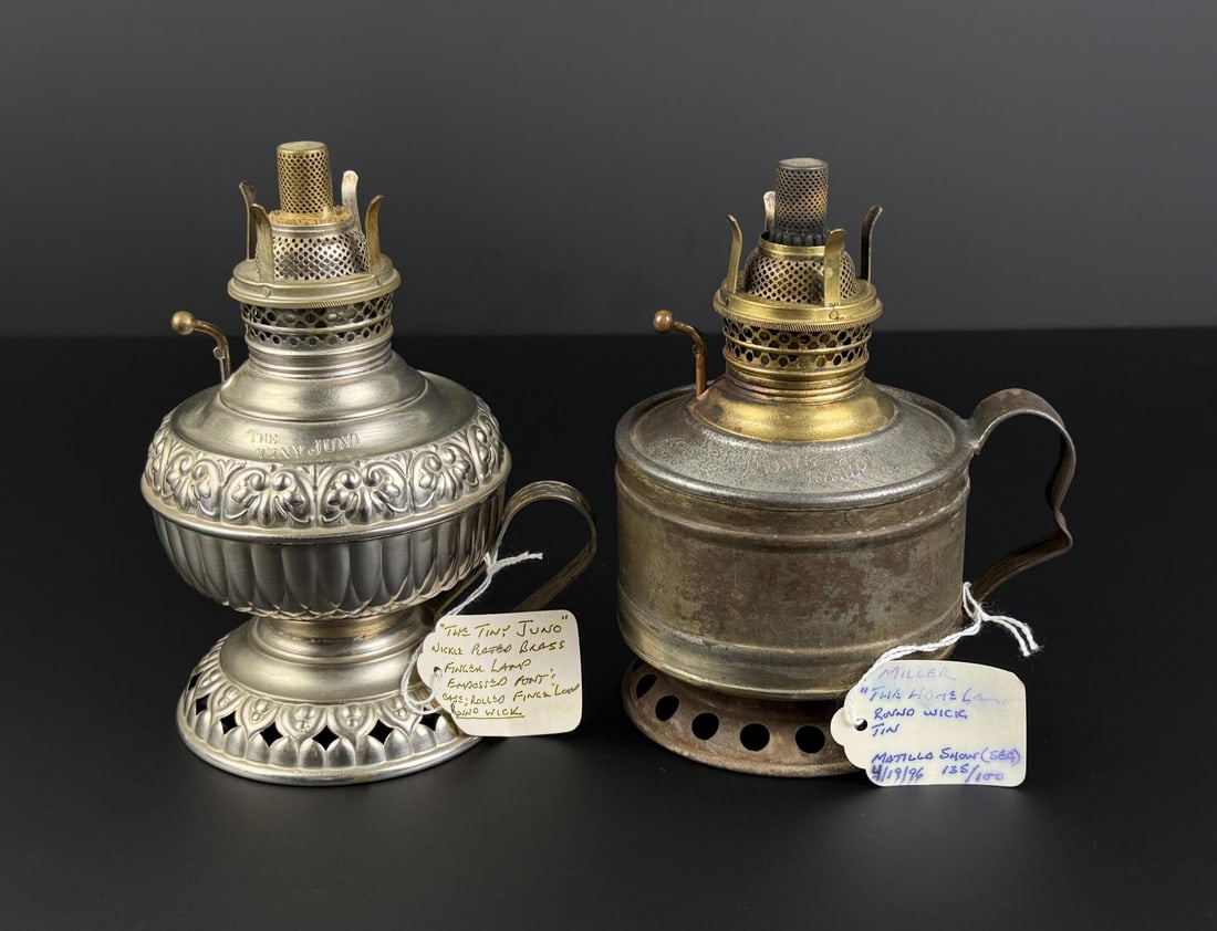 Miller Tiny Juno and Home Oil Finger Lamps: 4 1/2" by 6 5/8" tall.