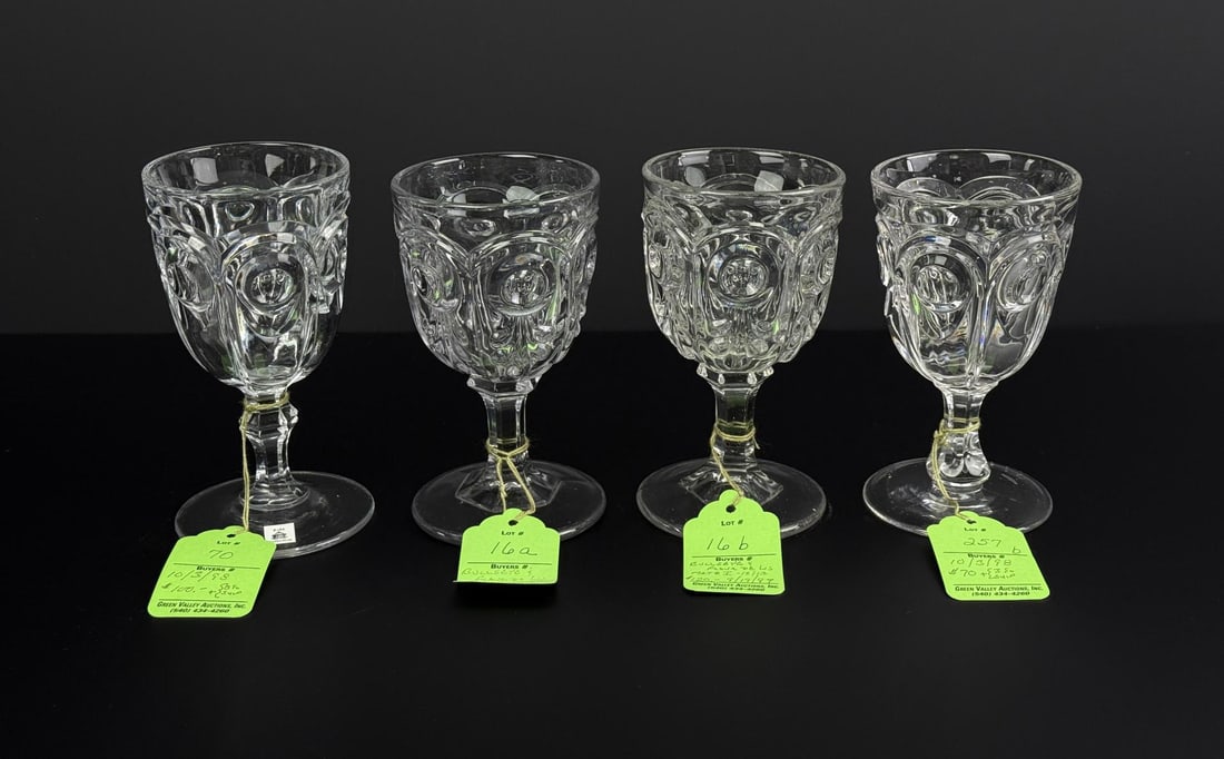 Flint Glass Bullseye and Fleur de Lis Goblets: Nice group of 4. 3 3/8" by 6 3/8" tall.