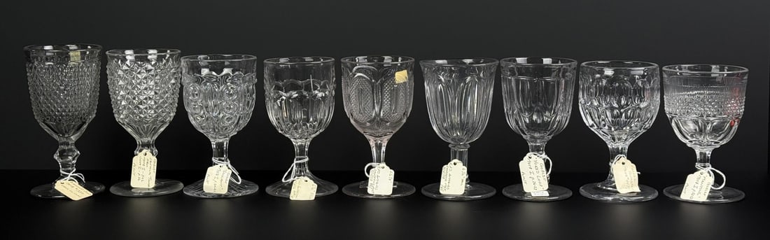 Tulip and Sawtooth Flint Glass Goblets: Largest is 3 3/8" by 6 1/2" tall. Group of 9.