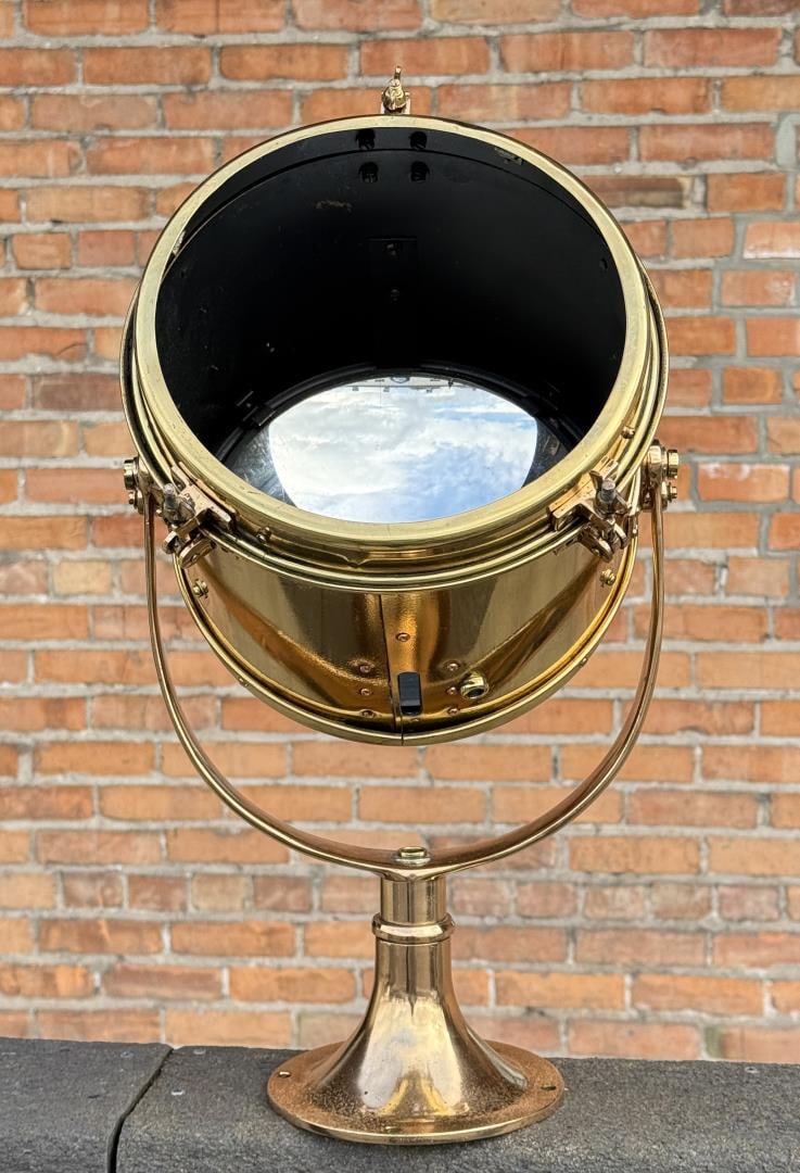 Brass Nautical Ship Signal Spotlight: Lancaster Ohio Glass. 11 3/8" by 11 5/8" by 19 7/8" tall.