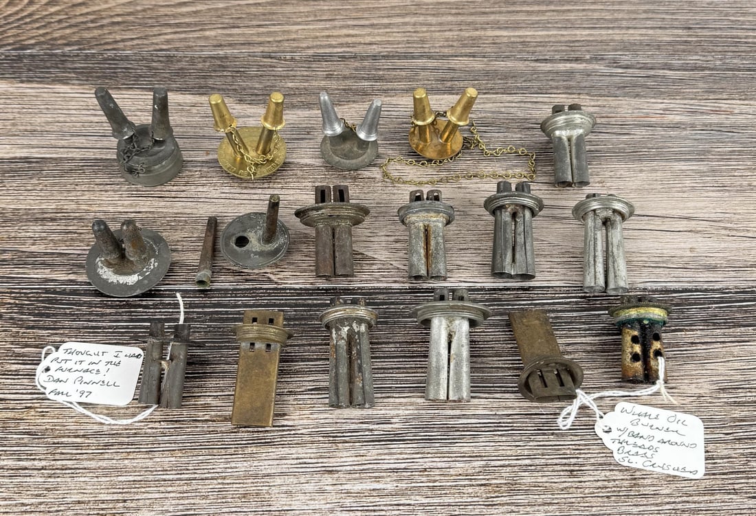 Collection of Whale Oil Lamp Burners: Nice group of single and double burner lamp tops and caps. Group of 17.
