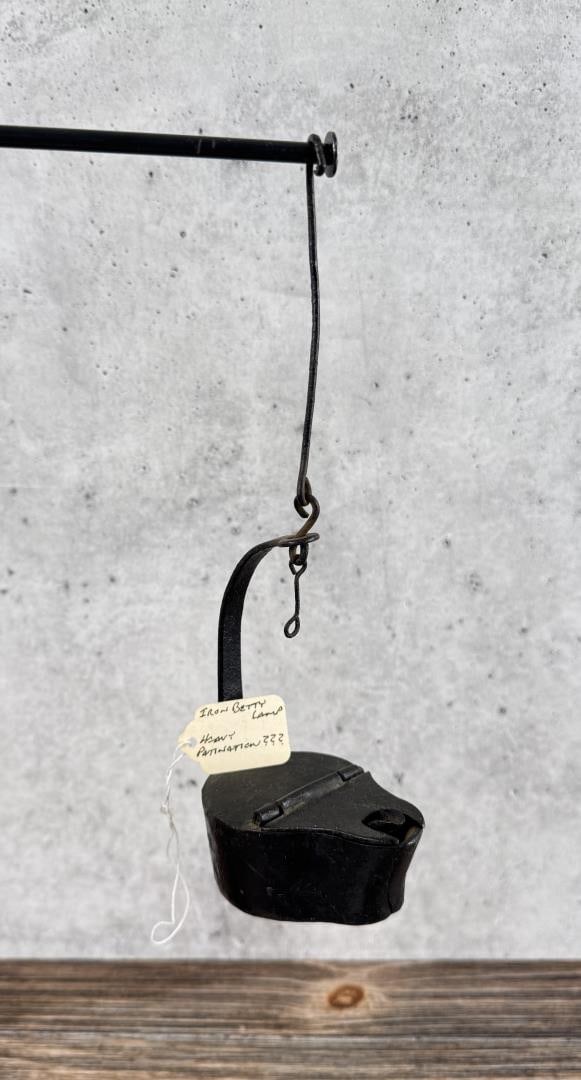 19th Century Iron Betty Whale Oil Lamp: 10" by 3 1/2" by 2 1/4".