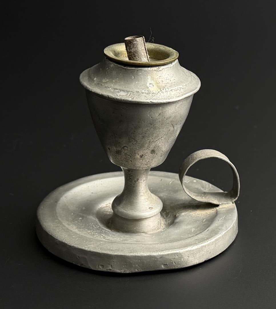 Pewter Whale Oil Finger Lamp: 2 7/8" diameter, 2 3/4" tall.