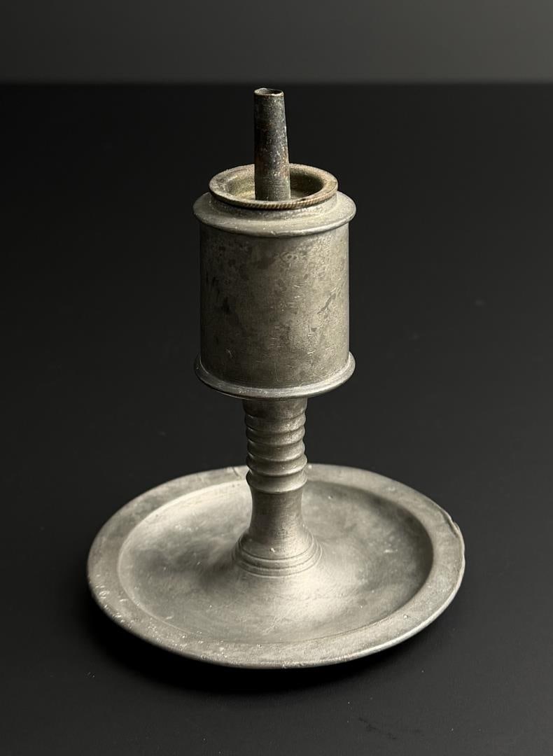 Saucer Base Pewter Whale Oil Lamp: 4 1/8" tall, 3 1/8" diameter.