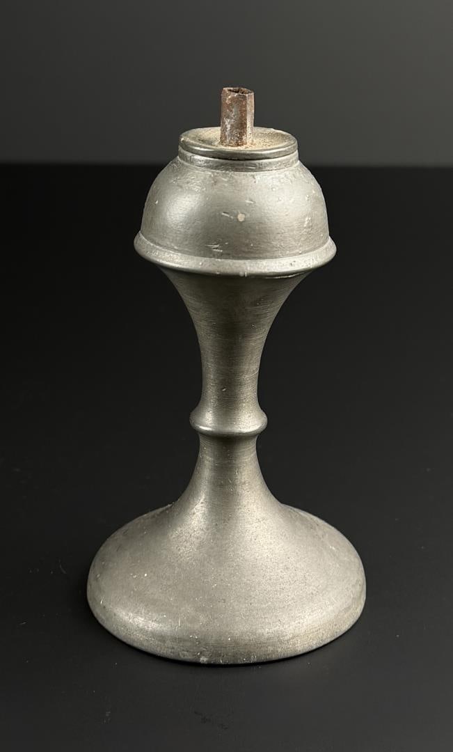 Pewter Whale Oil Lamp: 4 1/2" tall, 2 1/2" diameter.