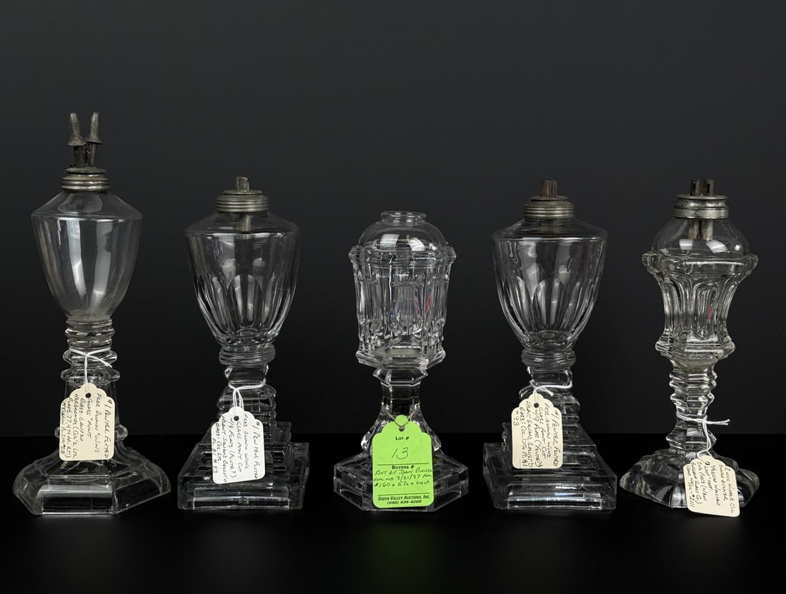 19th Century Flint Glass Whale Oil Lamps: Largest is 10 7/8" tall
