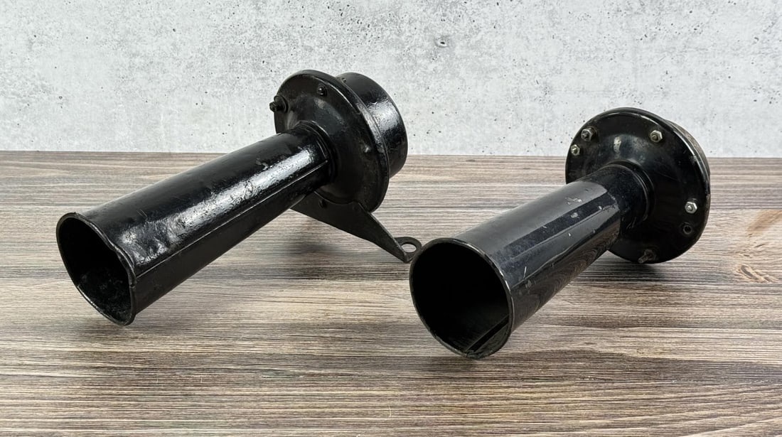 Pair of Ford Model T Electric Horns: 10 1/4" by 4 1/2" by 4 1/2". Aa-oo-gah sound. 12-volt motor-driven horn.