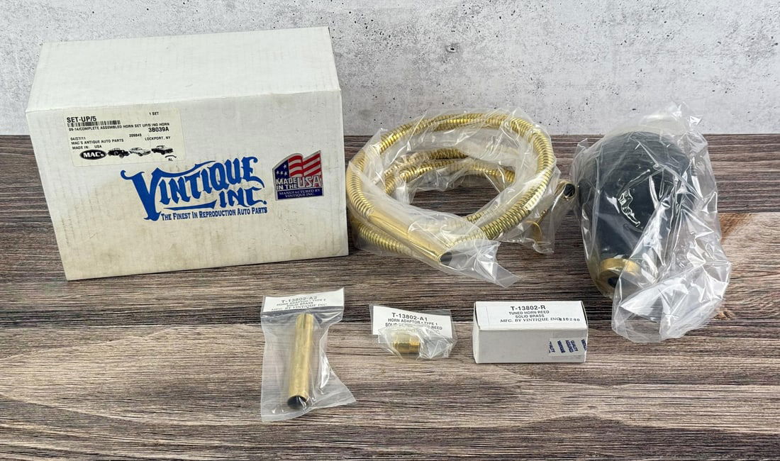 Vintique Inc Model T Restoration Horn Set: T-13802-A. Items include a brass-finished horn, bulb, horn adaptor, and a tuned reed.