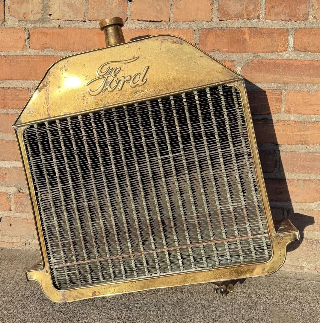 Ford Model T Brass Low Style Radiator: 24" wide, 26" tall including petcock.