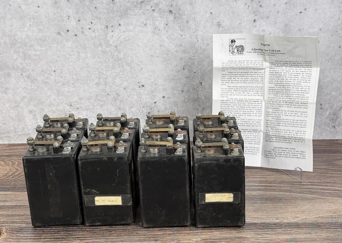 Ford Model T Ignition Coils: Individual coil is 2" by 3 3/8" by 5 7/8". Model T-5007-W, contemporary reproduction.