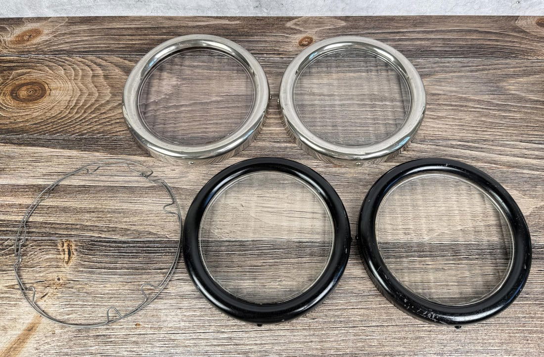 Ford Model T Light Lenses and Trim: Glass lenses including 4 trim pieces. H style Lenses. 9" round.