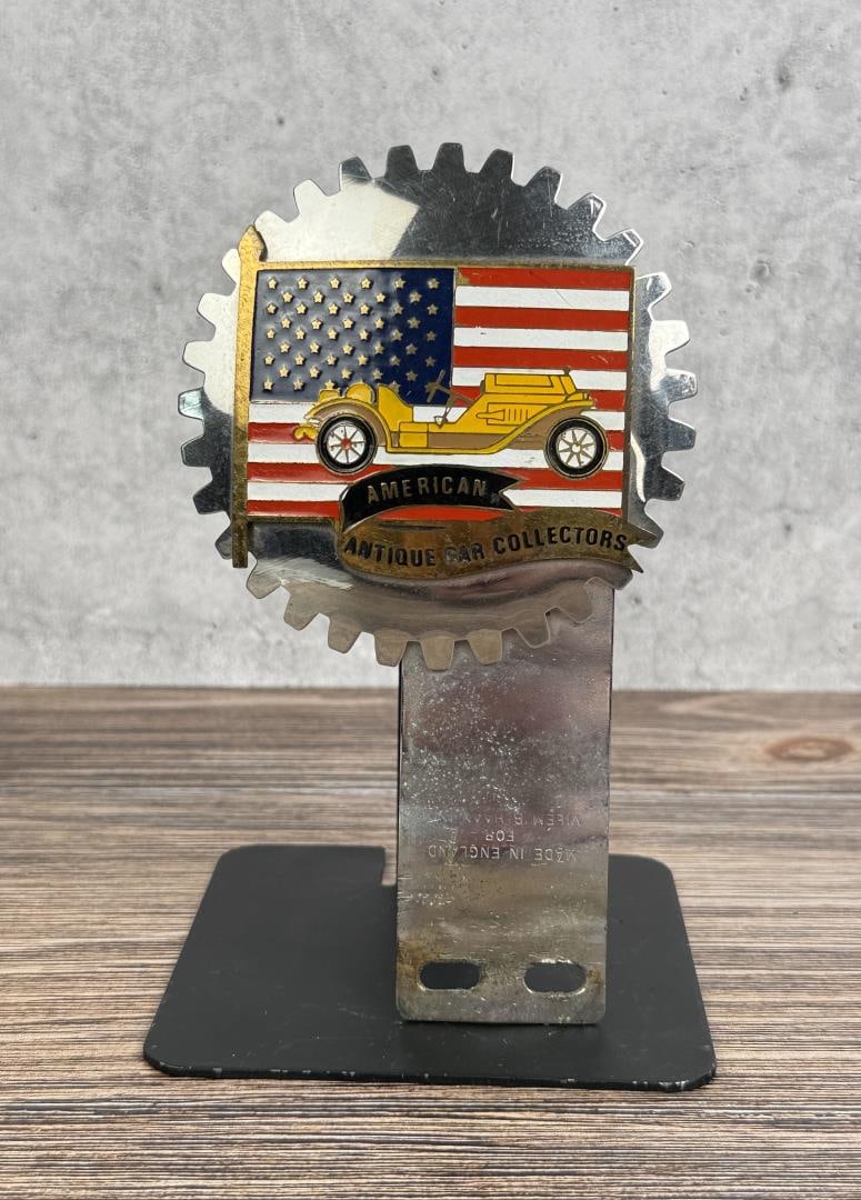 American Antique Car Collectors Grill Badge: 3 5/8" wide by 6 1/8".