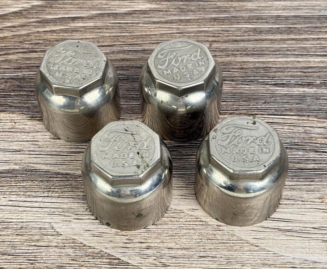 Ford Model T Chrome Grease Cap Hubcaps: Made in USA logo. Group of 4.