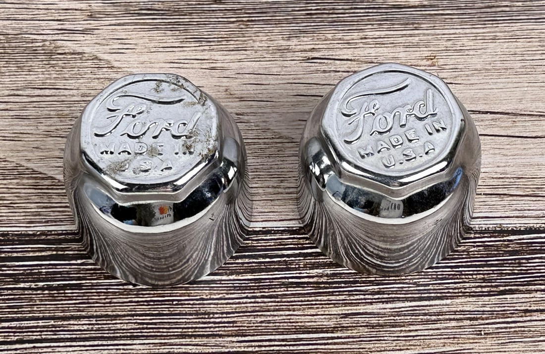 Ford Model T Chrome Grease Cap Hub Cap: Pair, Made in USA logo.