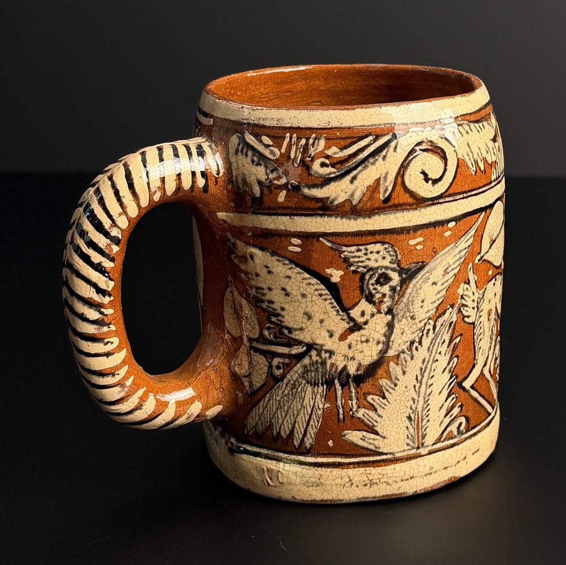 Redware Slip Decorated Mug: 4 3/8" by 5" tall.