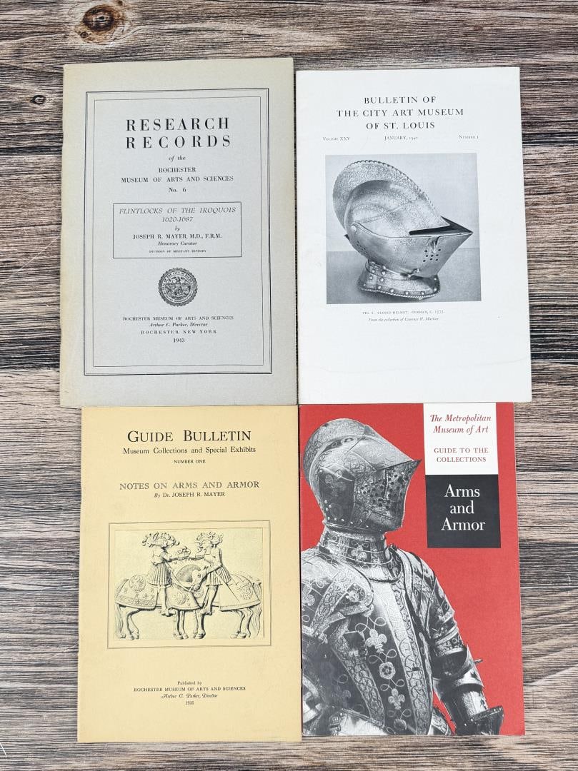 Arms and Armor Historical Publications: Titles include Flintlocks of the Iroquois by Joseph R. Mayer, bulletins form the City Art Museum in St. Louis, a guide bulletin on Notes on Arms and Armor by Joseph R. Mayer, and a Metropolitan