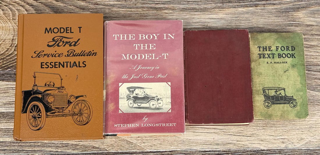 Collection of Ford Model T Car Manuals: Titles include The Boy in the Model T by Stephen Longstreet, Ford Car, Truck and Tractor Repair, The Ford Text Book by E.F Hallock, and Model T Ford Service Bulletin Essentials.