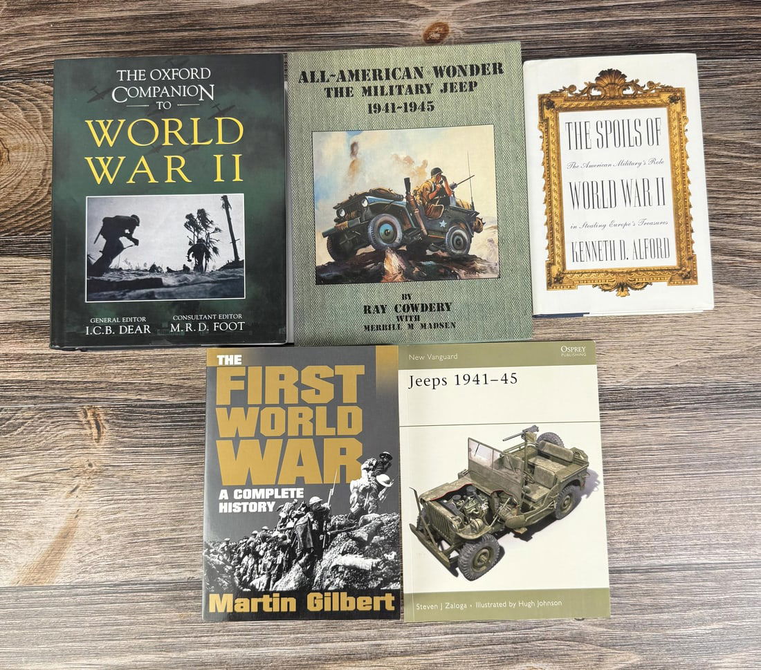WW1 and WW2 History and Military Vehicle Books: Titles include The Oxford Companion to World War II, All-American Wonder: The Military Jeep 1941-1945, The Spoils of World War II, The First World War: A Complete History, and Jeeps 1941-45.