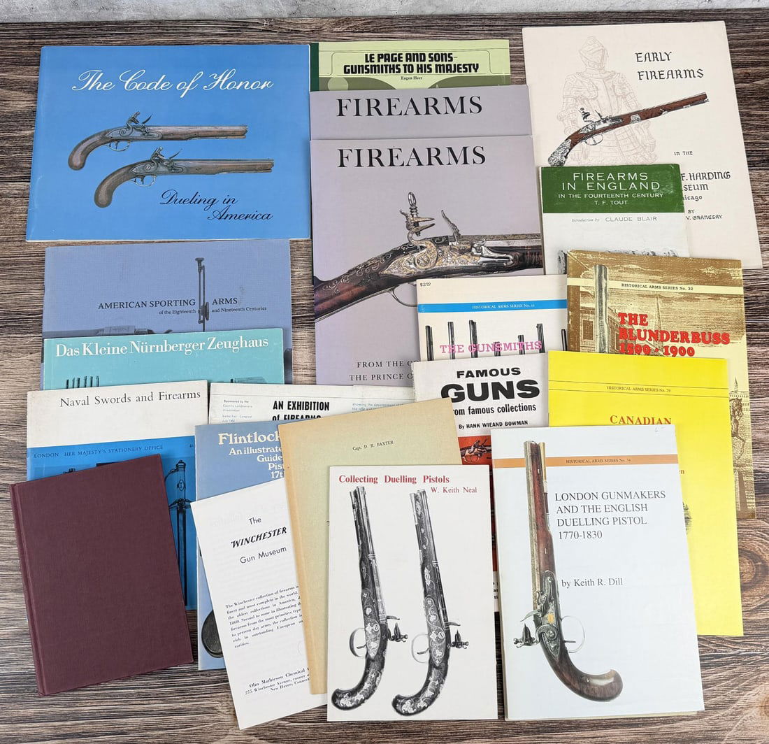 Collection of Historical Firearms Books: Includes titles such as Dueling in America and London Gunmakers and the English Dueling Pistol.