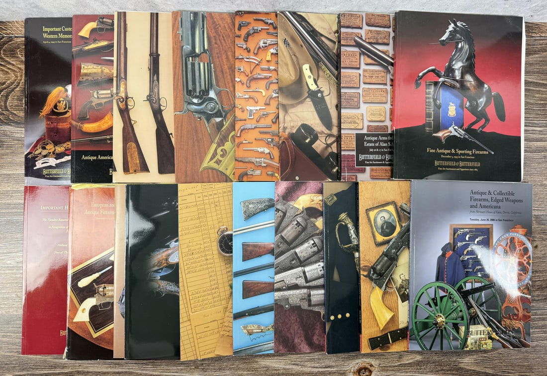Butterfield and Butterfield Auction Catalogs: Catalogs are showcasing historic guns, swords, and Western memorabilia such as 19th century Winchester rifles and Colt revolvers.